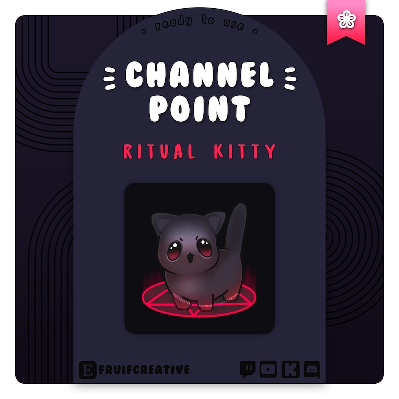 K&ouml;nnte beinhalten: Eine schwarze Katze mit roten Augen steht auf einem roten Pentagramm. Der Text "Channel Point Ritual Kitty" befindet sich &uuml;ber der Katze. Der Text "ready to use" befindet sich oben im Bild.