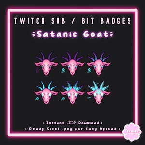 6 Twitch Sub Badges | Pink Satanic Goat | Aesthetic | Neon | Goth | Witchy | Dark | Cute | Discord | Channel Point | Streamer Icon