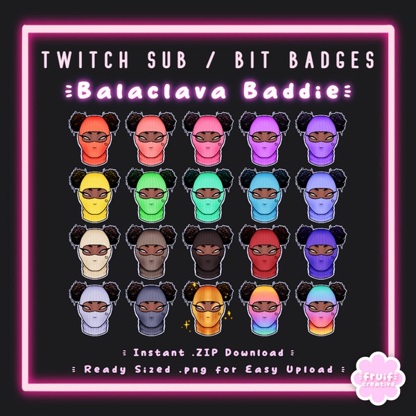 20 Sub/Bit Twitch Badges | Balaclava Baddie - MEGA PACK | Heart Stitch Beanie | Neon Rainbow | Ski Mask | Aesthetic | Stream | Channel Point