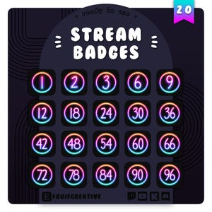 May include: A set of 20 neon-colored Twitch stream badges with numbers 1 to 96, displayed on a black background with a purple and pink gradient. The text "STREAM BADGES" is at the top of the image.