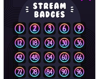 20 Twitch Sub Badges | Neon Milestones | Instant download | Rainbow Numbers | Beginner | Loyalty Months | Glow | Simple | Streamer Badges