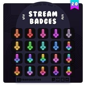 Op de afbeelding: Set van 20 neon omgekeerde kruis Twitch stream badges in verschillende kleuren. De badges zijn in een rasterformaat op een zwarte achtergrond. De tekst "STREAM BADGES" staat bovenaan de afbeelding.
