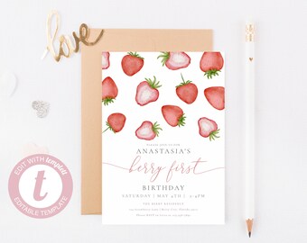 EDITABLE Berry First Birthday Invitation | 1st Birthday Party Invite | Strawberry Invitation Template | Sweet Birthday | Templett