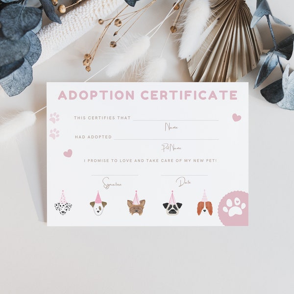 INSTANT DONWLOAD Lets Pawty Puppy Adoption Certificate Pink, Puppy Birthday Party, Puppy Adoption, Puppy Pawty Printable, Digital, Paw-ty