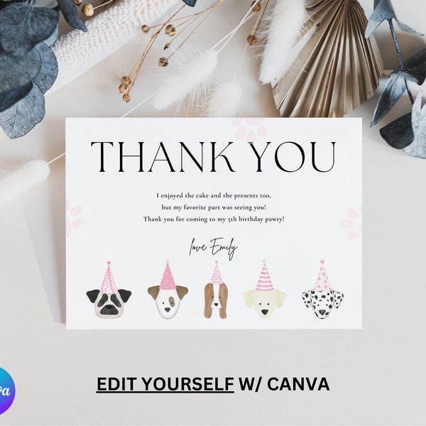 EDITABLE Puppy Pawty Thank You Card | Puppy Party Theme | Edit with Canva | Dog Party | Dog Adoption Puppy Party Decoration