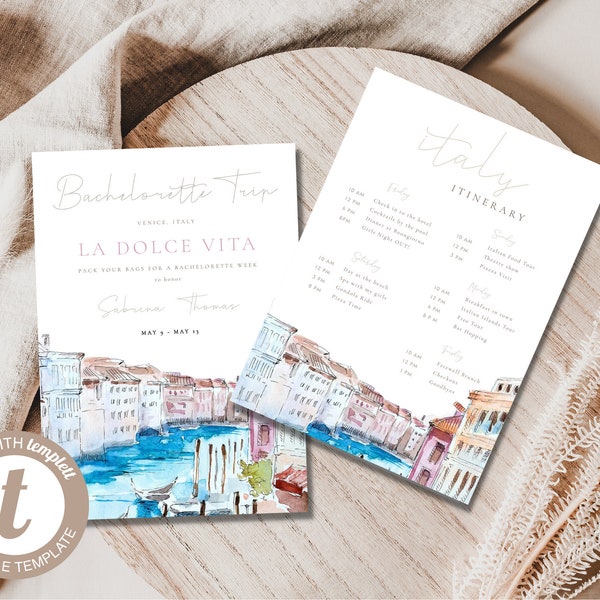 EDITABLE Italy Bachelorette Weekend Itinerary | Italy Bachelorette Invitation | Europe Bachelorette Party | Europe Itinerary | Templett