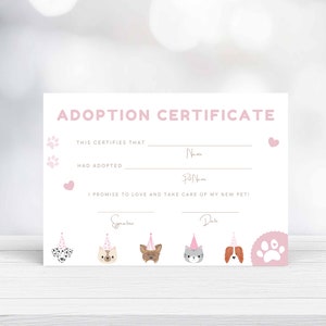 INSTANT DONWLOAD Laat Pawty huisdier adoptie certificaat, huisdier verjaardagsfeestje, huisdier adoptie, meisje, dierenarts, huisdier Pawty afdrukbaar, digitaal, Paw-ty