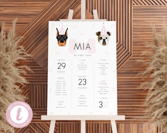 Könnte beinhalten: Ein personalisiertes Geburtstags-Schild zum Thema Hund mit dem Namen "Mia" und Hundeillustrationen. Das Schild zeigt Details über das erste Jahr des Hundes, einschließlich Größe (73,66 cm) und Gewicht (10,43 kg).