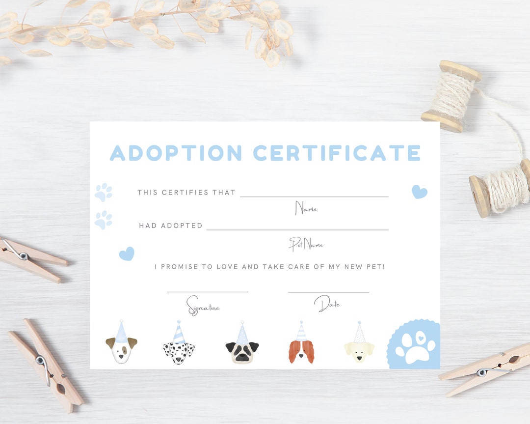 INSTANT DONWLOAD Lets Pawty Puppy Adoption Certificate Blue, Puppy ...