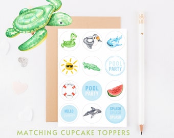 INSTANT DONWLOAD Pool Party Cupcake Topper (2 PAGES), Printable, Summer Birthday Party, Summer Cupcake Topper, Digital, Decor