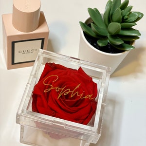 May include: A preserved red rose in a clear acrylic box, with the name "Sophia" in gold script. A Gucci Bloom perfume bottle and a small potted succulent are also in the image. The items are arranged on a white surface.
