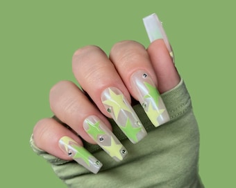 GREEN STARS press on nails with crystals glazed