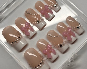 COQUETTE CORE white french tips with bows and crystals pearls press on nails