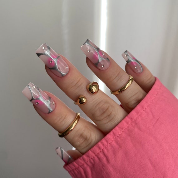 SILVER WEB Press on Nails With Gems Crystals 