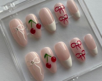 BOWS AND CHERRIES red french tip 3d press on nails