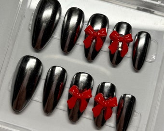 RED BOWS silver chrome 3d press on nails