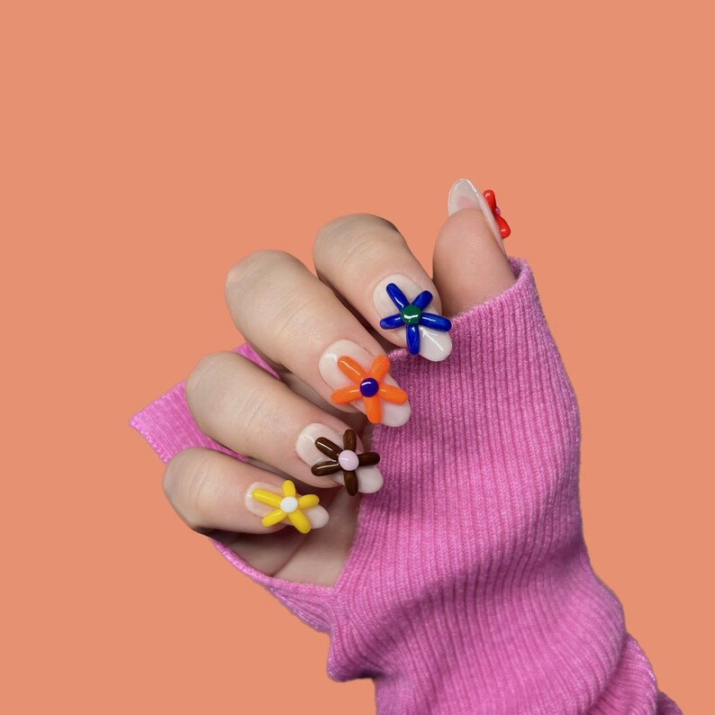 3D COLORFUL FLOWERS press on nails image 2