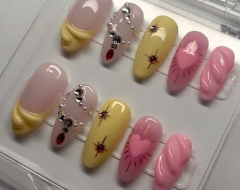PINK & YELLOW blob with crystals and stars press on nails