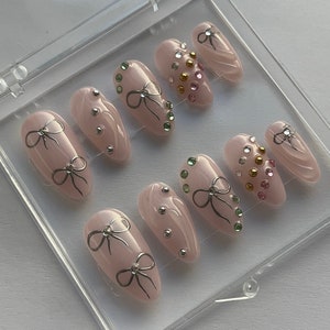 SILVER BOWS chrome 3d with crystals press on nails