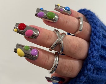 COLORFUL STONES chrome blob press on nails