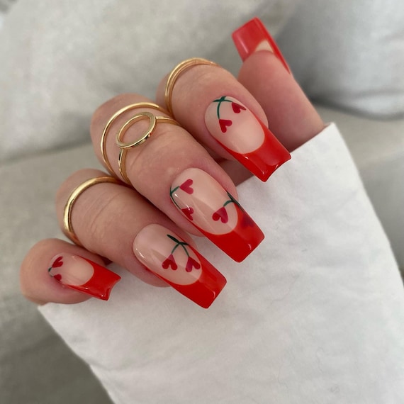 Cherry Love Red Tip Press On Nails Etsy Finland