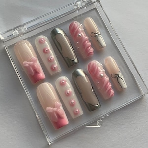 PINK BOWS french tip with silver chrome 3d press on nails