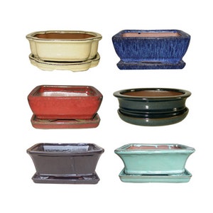 May include: Six different ceramic bonsai pots with saucers. The pots are in various colors and shapes, including round, square, and rectangular. The saucers are all the same shape and size.