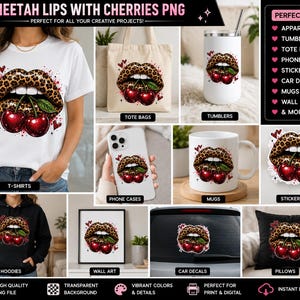 Lippen met cheetahprint en kersen PNG | Trendy en verleidelijk sublimatieontwerp | DTF-transfer | Digitale download