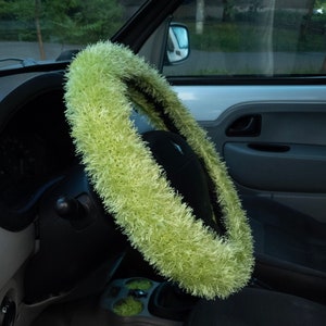 Lime Green Minky Fuzzy Steering Wheel Cover, Plush Furry Fluffy light  seatbelt cover, car coasters set , Cute car accessories for women