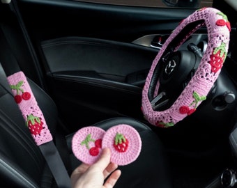 Cherry & Strawberry Steering Wheel Cover for women | Cute crochet seat belt Cover, Car interior Accessories decorations