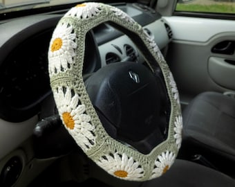 Сrochet steering wheel cover for women, Daisy flower seat belt Cover set, Cute car accessories interior decorations