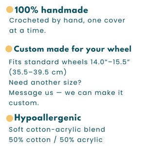 CherryCoob handmade crochet steering wheel cover details with custom sizing, cotton acrylic yarn and care information.