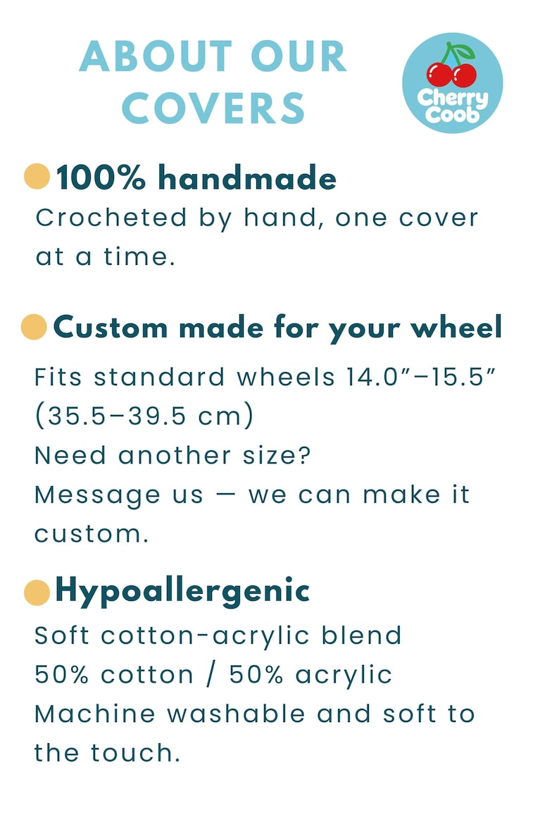 CherryCoob handmade crochet steering wheel cover details with custom sizing, cotton acrylic yarn and care information.