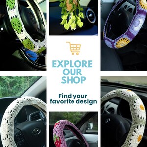 CherryCoob crochet car accessories collage featuring Monstera, floral and other handmade steering wheel cover designs.