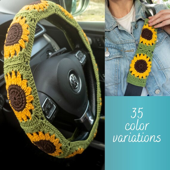 Cute Crochet Steering Wheel Covers for Women 14-15'' Sunflower Handmade  Gift Granny Square Car Interior Decoration Wheel Covers