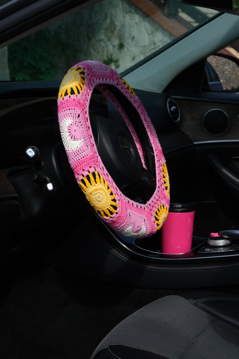 Purple Sun Moon Crochet Steering Wheel Cover 5 Pink Design