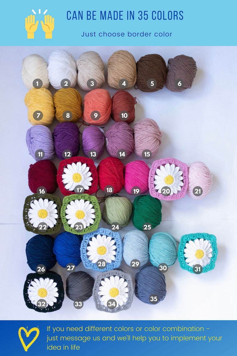 K&ouml;nnte beinhalten: Eine Sammlung von 35 Garnkn&auml;uel in verschiedenen Farben, angeordnet in Reihen. Jede Kn&auml;uel ist mit einer Nummer von 1 bis 35 gekennzeichnet. Der Text "CAN BE MADE IN 35 COLORS" befindet sich oben im Bild. Der Text "Just choose border color" befindet sich unter dem Text "CAN BE MADE IN 35 COLORS".