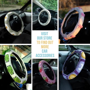 May include: A collage of crochet steering wheel covers in various designs. The covers feature floral and fruit patterns in colors like white, green, yellow, pink, and purple. The text "VISIT OUR STORE TO FIND OUT MORE CAR ACCESSORIES" is also visible.