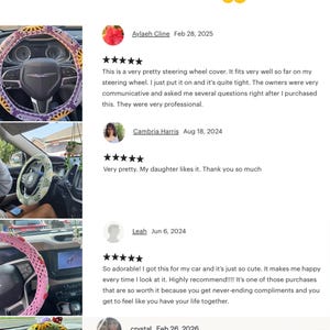 Customer review collage featuring colorful handmade crochet steering wheel covers installed in cars.