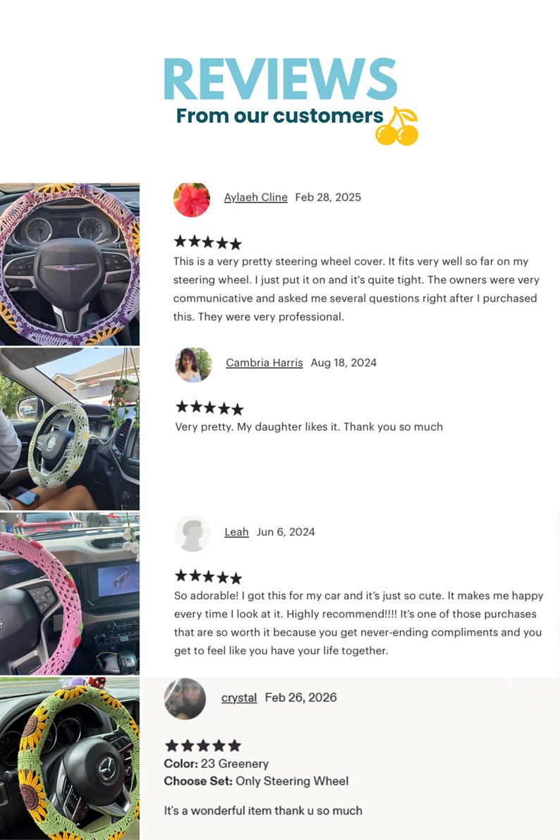 Customer review collage featuring colorful handmade crochet steering wheel covers installed in cars.