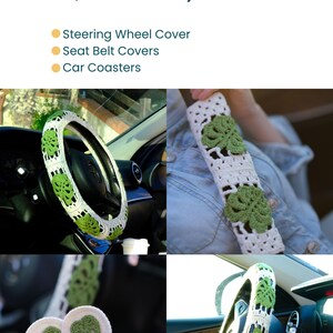 Matching Monstera crochet car accessory set with steering wheel cover, seat belt covers and car coasters.