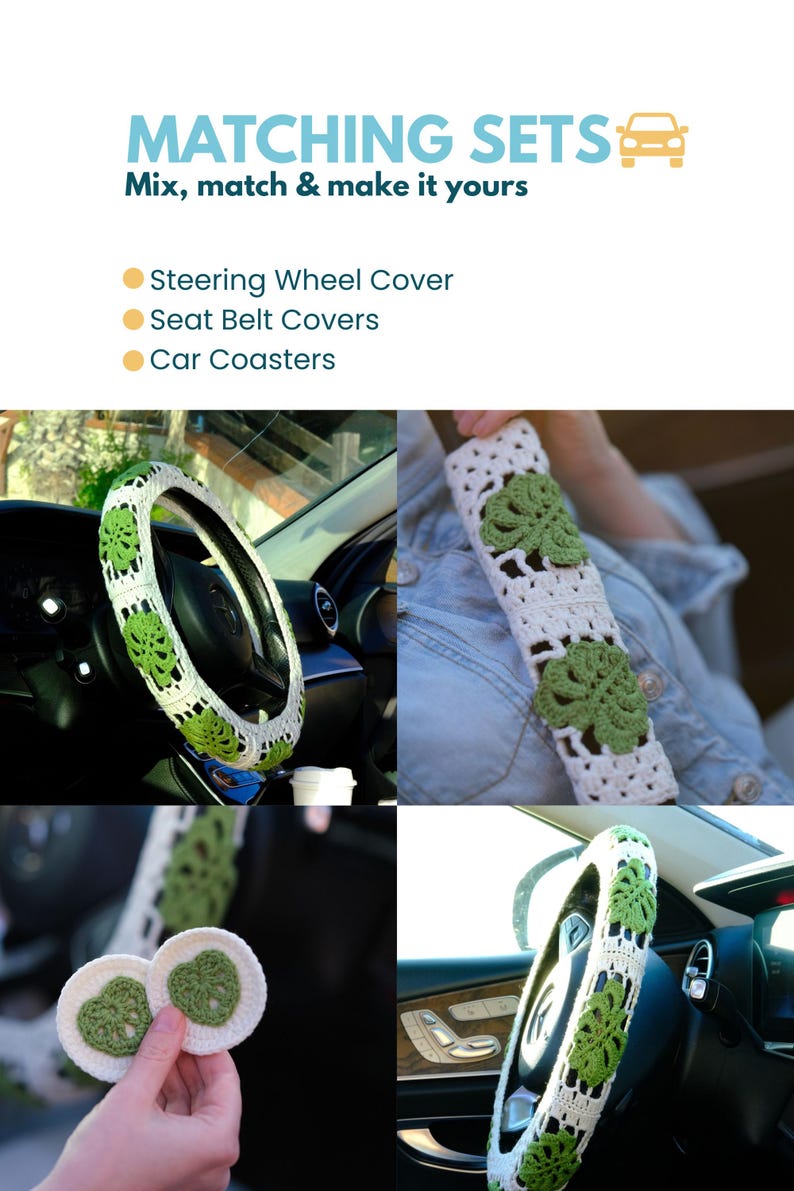 Matching Monstera crochet car accessory set with steering wheel cover, seat belt covers and car coasters.