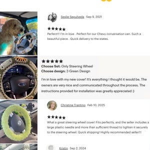 Customer reviews and photos showing handmade crochet steering wheel covers installed in different vehicles.