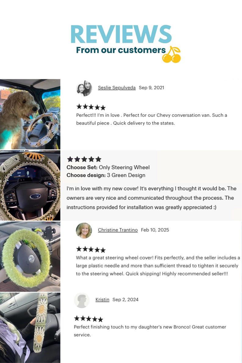 Customer reviews and photos showing handmade crochet steering wheel covers installed in different vehicles.