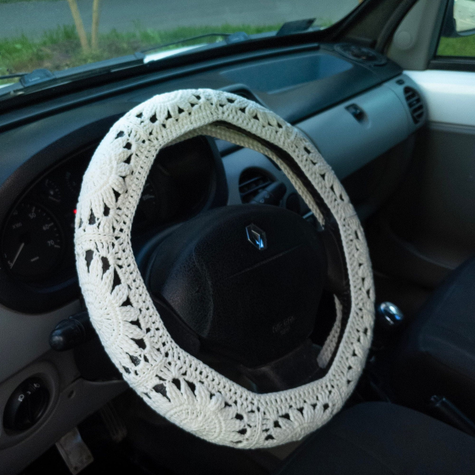 Solid Color Boho Steering Wheel Cover Set with Seat Belt Cover and Car Coasters | Hand Crocheted in Aesthetic Boho & Hippie Style