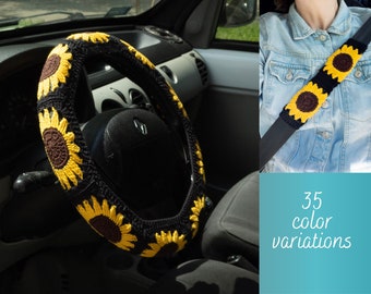 Black crochet sunflower steering wheel cover