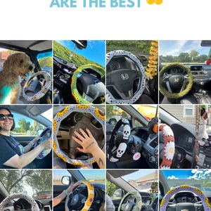 Customer photo collage showing handmade crochet steering wheel covers in different colors and car interiors