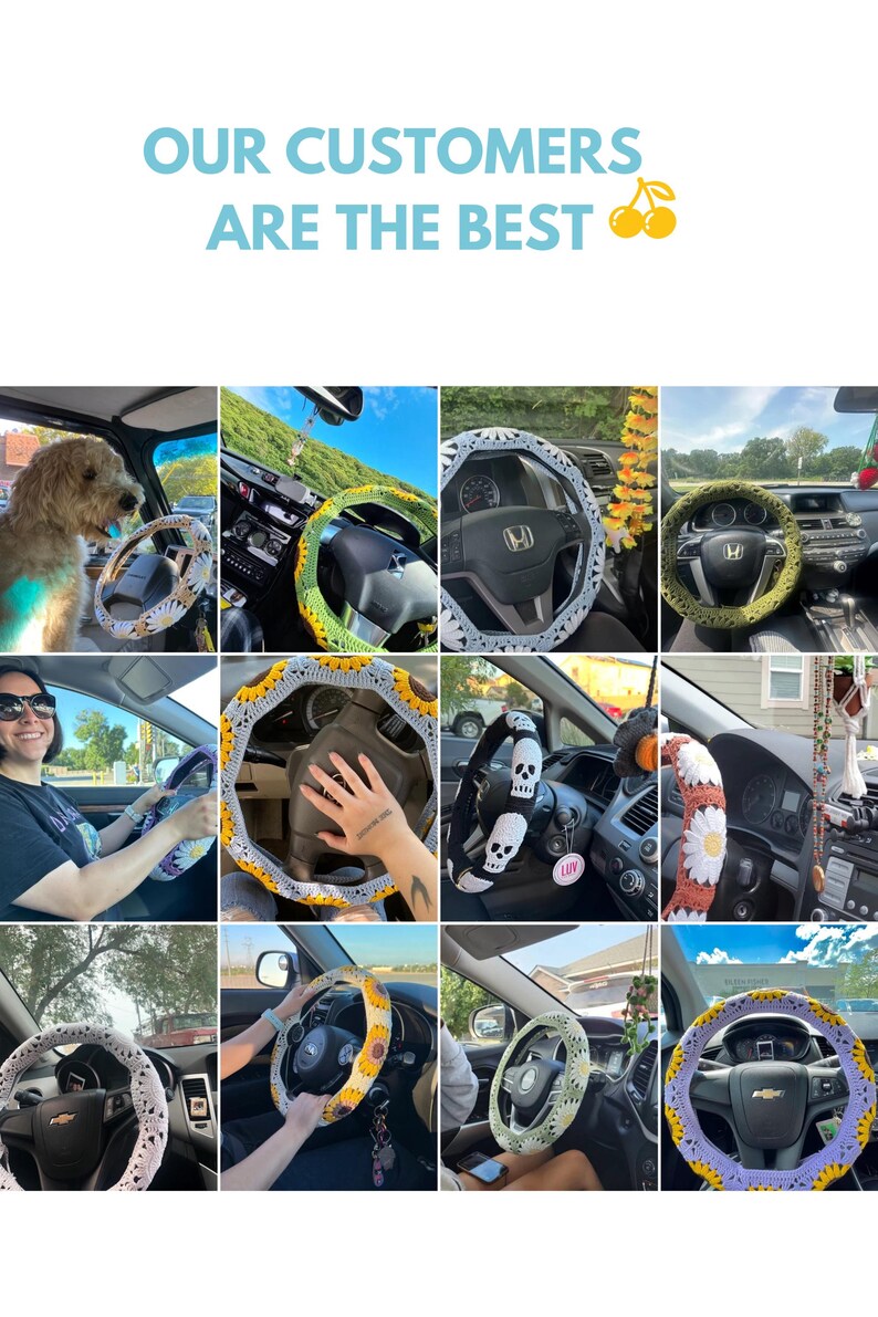 Customer photo collage showing handmade crochet steering wheel covers in different colors and car interiors