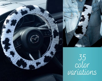 Сow print steering wheel cover set Сrochet steer wheel cover for women and men