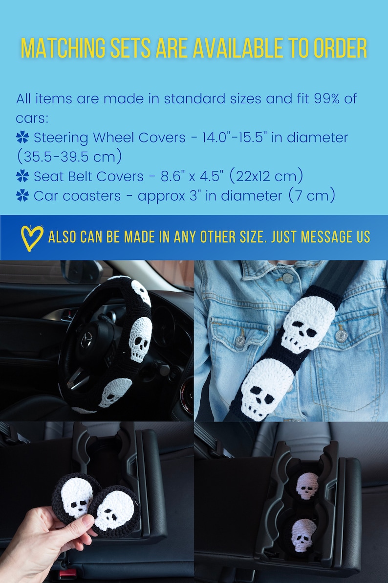 Black Skull Steering Wheel Cover Crochet for men | Halloween car accessories interior decor bild 4